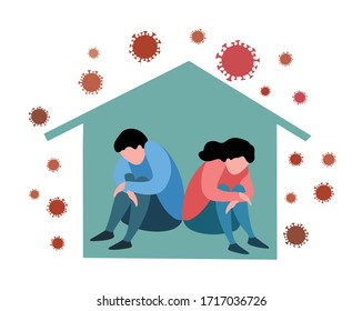 Depressed Man And Woman In House With Corona Virus Around. People Tired Of Quarantine. Vector About Distress, Depression, Tiredness And Fatigue In Home Isolation In Covid-19 Epidemic