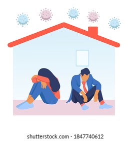 Depressed man and woman in house with corona virus around. People tired of quarantine.
 Vector about distress, depression, and tiredness in home isolation in covid-19 epidemic