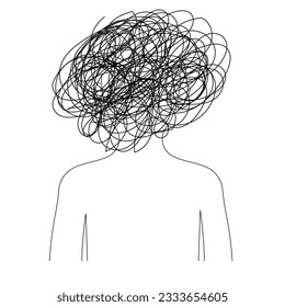 depressed man or woman illustration with tangled line art in the head