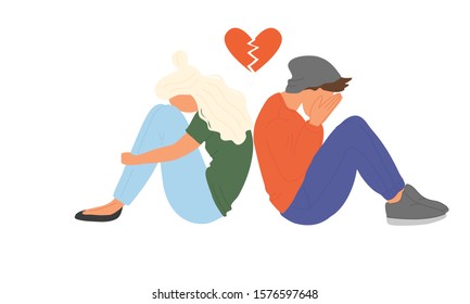 Depressed man and woman in a quarrel. Sad unhappy young couple. Conflicts between husband and wife. Break, divorce, breaking heart vector concept.