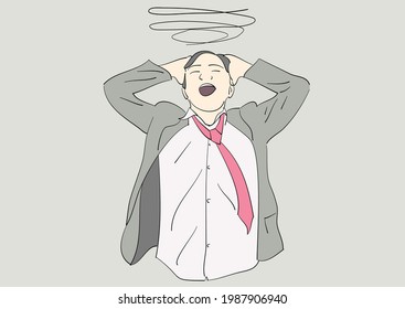 Depressed man at work. Bussinesman with a headache because of stress. Hand drawn style vector.