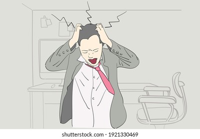 Depressed man at work. Hand drawn style vector.