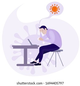 Depressed man worry about virus epidemic. Vector epidemic depression, pandemic outbreak, man think about covid collapse illustration