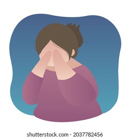 Depressed Mental Illness Fat Overweight Woman Crying Covering Her Face Flat Vector Character.