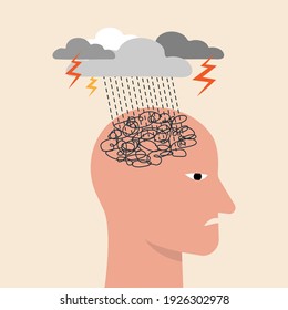 Depressed Or Mental Illness. Head Profile With Storm Cloud. Mindfulness And Stress Management In Psychology. Anger, Stressed And Anxiety Emotion Concept. Vector Illustration. 