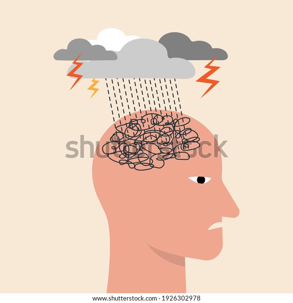 Depressed or\
mental illness. Head profile with storm cloud. Mindfulness and\
stress management in psychology. Anger, stressed and anxiety\
emotion concept. Vector illustration.\
