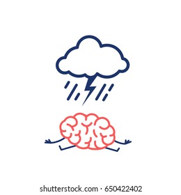Depressed mind. Vector concept illustration of sad brain with symbol of thunder cloud with lighting and raining above | flat design linear infographic icon red and blue on white background