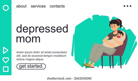 Depressed Mom is sitting on chair with crying baby in her hands. Sad tired mother is trying to put to sleep her crying newborn. Flat cartoon vector concept about postpartum depression.