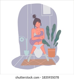 Depressed mom. Tired Single Mother breastfeeds her baby. concept of postpartum depression and difficulties of motherhood. Flat vector illustration. Isolated on white. 