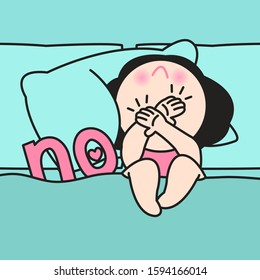 Depressed Moody Woman Lying On A Pillow In Bed Raising Hands Up To Say No Concept Card Character illustration