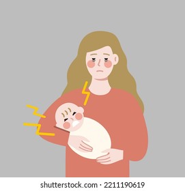 Depressed Mother holding crying newborn child. Motherhood, parenting, mental health, parenthood, depression, stress concepts. Flat cartoon people design vector isolated illustration.