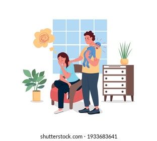 Depressed Mother With Husband And Baby Flat Color Vector Detailed Characters. Post Natal Problem. Postpartum Depression Isolated Cartoon Illustration For Web Graphic Design And Animation