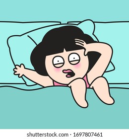 Depressed Nervous Woman Lying On A Pillow In Bed Concept Card Character illustration