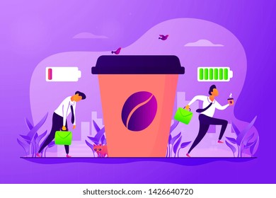 Depressed office worker, stress and emotional burnout. Caffeine stimulating effect. Coffee break, low energy, tiredness and energizing concept. Vector isolated concept creative illustration