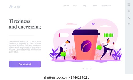 Depressed office worker, stress and emotional burnout. Caffeine stimulating effect. Coffee break, low energy, tiredness and energizing concept. Website homepage header landing web page template.