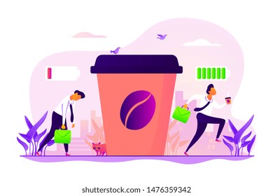 Depressed office worker, stress and emotional burnout. Caffeine stimulating effect. Coffee break, low energy, tiredness and energizing concept. Vector isolated concept creative illustration