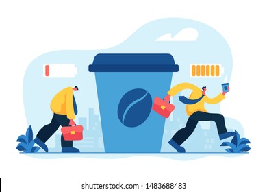 Depressed office worker, stress and emotional burnout. Caffeine stimulating effect. Coffee break, low energy, tiredness and energizing concept. Vector isolated concept creative illustration