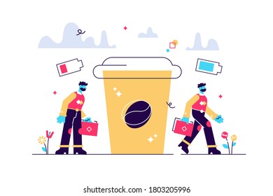 Depressed office worker, stress and emotional burnout. Caffeine stimulating effect. Coffee break, low energy, tiredness and energizing concept. Vector isolated concept creative illustration