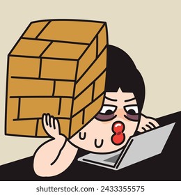 Depressed Office Worker Woman Holding A Rock White Working At Office Desk Concept Card Character illustration