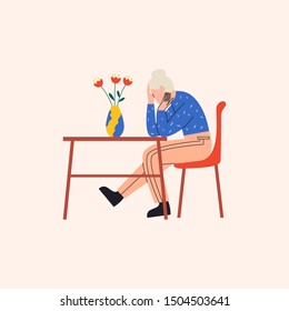 Depressed old woman sitting at the table in miserable pose. There are flowers in vase on the table. Flat vector illustration