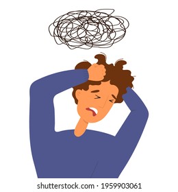 Depressed, over stressed about difficult life stuff or taking something heavy person concept. Young man crying, clutching his head with his hands, messy cloud above his head. Vector illustration.