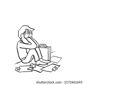 Depressiver Überdenkender vergrub sein Gesicht. Konzept des Verlierens und der Verzweiflung. Cartoon, Vektorgrafik Design.