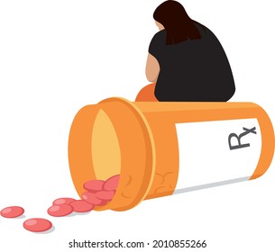 Depressed overweight woman sitting on a bottle of prescription pills that fail to help her and might cause obesity, EPS 8 vector illustration