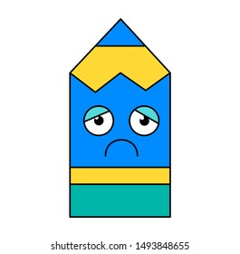 Depressed pencil sticker cartoon illustration. Melancholy, gloomy emoticon. Social media emoji