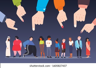 depressed people being bullied surrounded by fingers pointing on mix race men women violence victim of bullying mocking public disapproval censure concept full length horizontal vector illustration