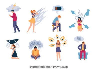 Depressed people. Exhausted lonely sad woman and man with anxiety, depression, mental disorders and stress. Psychology problems vector set. Character with fatigue, sick or depressed illustration