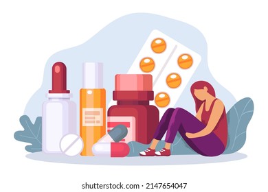 Depressed people with pile of pills, addiction concept. Vector medication addiction, woman illness and disease, addicted mood illustration
