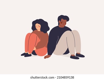 Depressed people. Sad man and woman sit back to back and no speak. Couple on the brink of divorce. Friends quarrel and misunderstand. Relationship break up and family crisis. Vector illustration