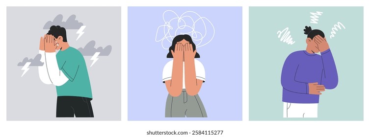 Depressed people set. Tangled thoughts, confusion in mind and OCD concept. Stressed young characters suffering from ADHD, anxiety, headache and migraine. Flat vector illustrations isolated background