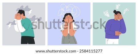 Depressed people set. Tangled thoughts, confusion in mind and OCD concept. Stressed young characters suffering from ADHD, anxiety, headache and migraine. Flat vector illustrations isolated background