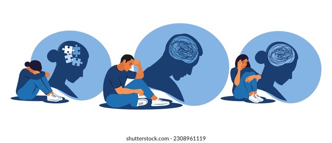 Depressed people sitting on floor and hugging knees. Mental health concept. Depression, bipolar disorder, obsessive compulsive, post traumatic stress disorder. Vector illustration.