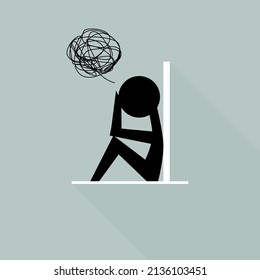 Depressed person with confused thoughts sitting sad with wall icon flat vector design.