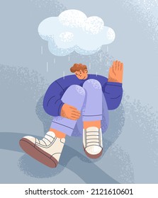 Depressed Person In Grief Under Rain Cloud. Unhappy Sad Man In Bad Mood. Depression, Melancholy, Pessimism Concept. Lonely Human In Despair, Suffering From Mental Problem. Flat Vector Illustration.