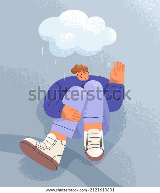 depressed person in grief under rain cloud.\
Unhappy sad man in bad mood. Depression, melancholy, pessimism\
concept. Lonely human in despair, suffering from mental problem.\
Flat vector\
illustration.