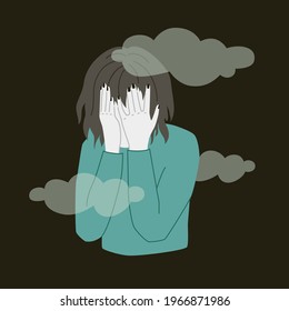 Depressed person hides face in her palms. Vector illustration of sad human over black background. Mental health issues concept. Mental wellness month.