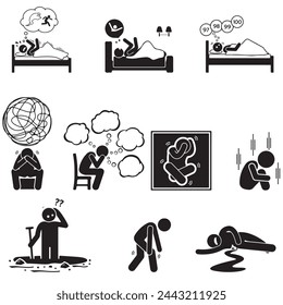 Depressed person, insomnia, nightmares, fears, burnout. Vector set of EPS 10 icons