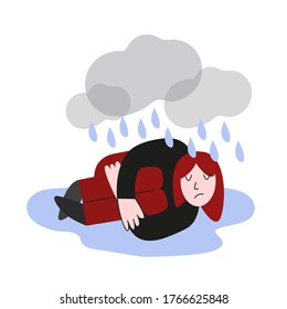 Depressed person lying on the floor in puddle of tears vector flat illustration concept.