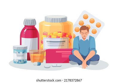 Depressed person sitting near big bottles with pills. Stressed man in despair having medical treatment. Male character having psychological problems curing with medical drugs vector illustration