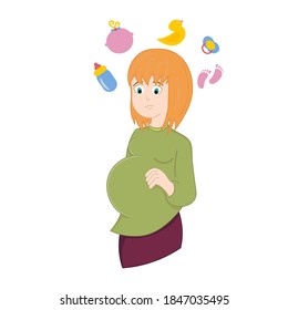 A depressed pregnant woman doubts and worries. Flat vector illustration.