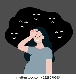Depressed Pregnant woman. Mother with negative imaginations and thoughts. Motherhood, Depression, stress, mental health concept. Flat cartoon character vector design illustration.