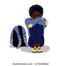 Depressed sad afro american boy sitting on the floor. Depressed teenager with backpack. Unhappy sad man and stressed student. Creative vector illustration.