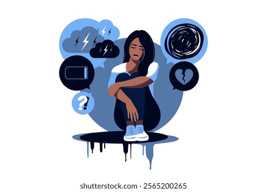 Depressed sad black skinned woman thinking over problems. Bankruptcy, loss, crisis, burnout syndrome, relationship trouble concept. Vector illustration. Flat.