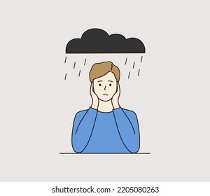 Depressed sad boy in bad mood. Black dark raining cloud above head. Depression, mental health, psychology, loneliness, anxiety concepts. Hand drawn character vector design illustrations.