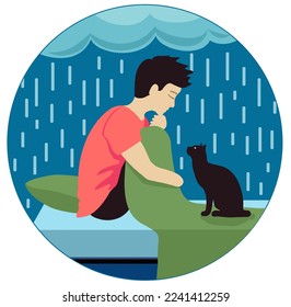 Depressed sad boy sitting on the bed. Unhappy young man with a cat. Boy in bad mood dark raining cloud above his head. Mental health, psychology, loneliness, Depression, anxiety concepts. Vector.