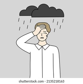 Depressed Sad Businessman Crying Hard. Dark Cloud With Rain Above Head. Business Failure, Mental Health, Depression, Stress Concepts. Hand Drawn Cartoon Character Vector Illustrations.