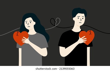 Un hombre y una mujer de pareja deprimida que se remontan a la espalda con corazones rotos. Amor, Íntimo, conflicto, ruptura, relación tóxica, concepto de malentendido. Dibujo plano de personas con vector ilustrativo.